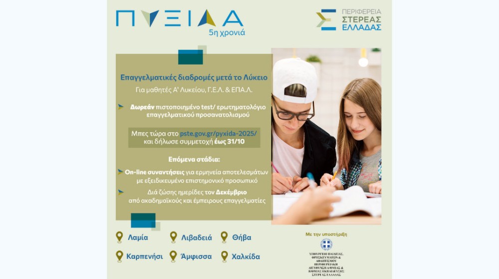 Πυξίδα επαγγελματικού προσανατολισμού για τα παιδιά της Περιφέρειας Στερεάς Ελλάδας