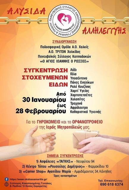 Συγκέντρωση τροφίμων και ειδών προσωπικής υγιεινής για το Ορφανοτροφείο και το Γηροκομείο Χαλκίδας