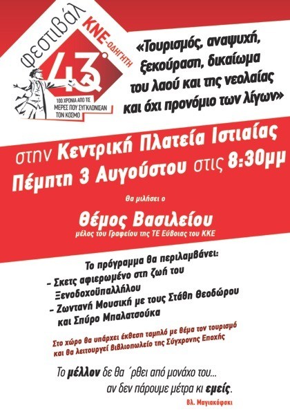 ΙΣΤΙΑΙΑ: Αναβλήθηκε για μία εβδομάδα η εκδήλωση για το φεστιβάλ της ΚΝΕ