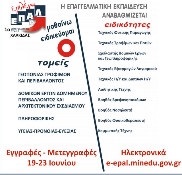 Αρχίζουν οι εγγραφές και οι μετεγγραφές στο 1ο ΕΠΑΛ Χαλκίδας