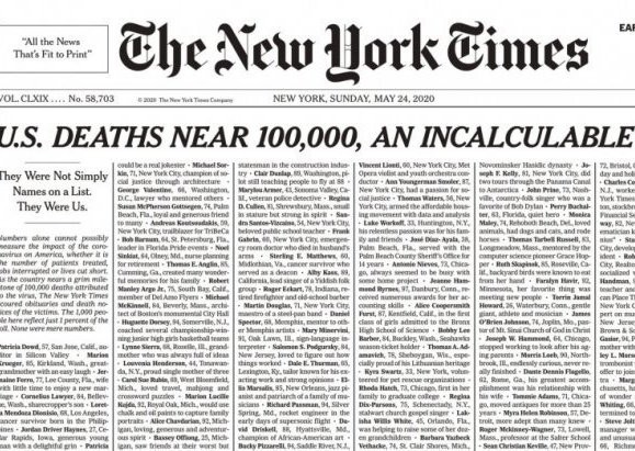 Συγκλονίζει το πρωτοσέλιδο των New York Times με τα χίλια ονόματα θυμάτων του ιού